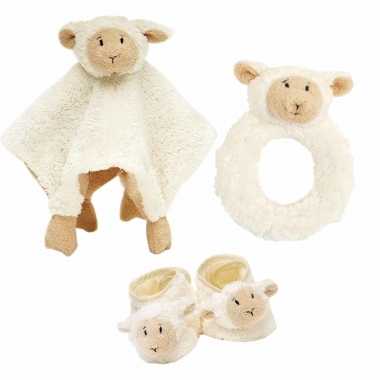 Baby cadeau setje rammelaar, slofjes tuttel doekje lammy lammetje