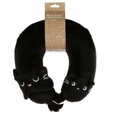 Zwarte kat/poes knuffel kussen slaapmasker reis set kinderen